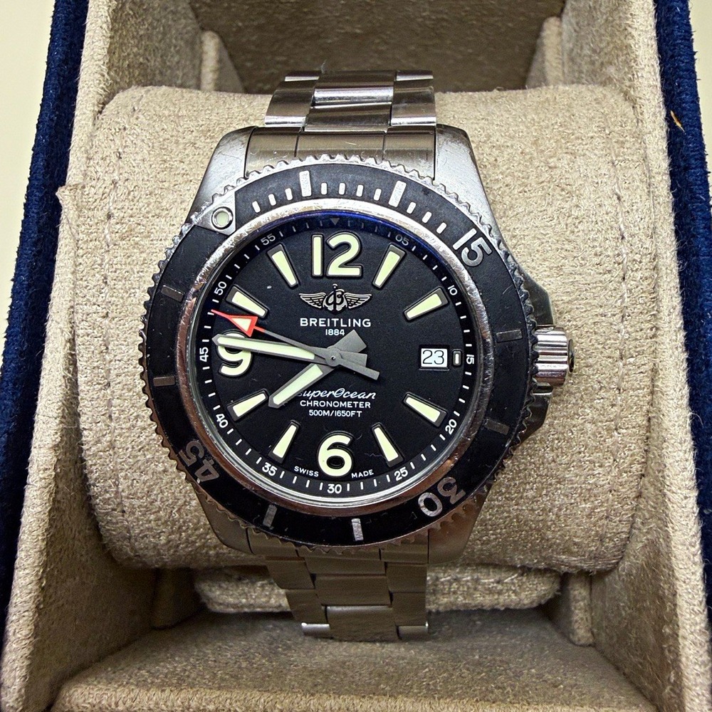 Breitling Superocean Automatic 500m 42mm Black Dial Steel Watch Bracelet w/ Box